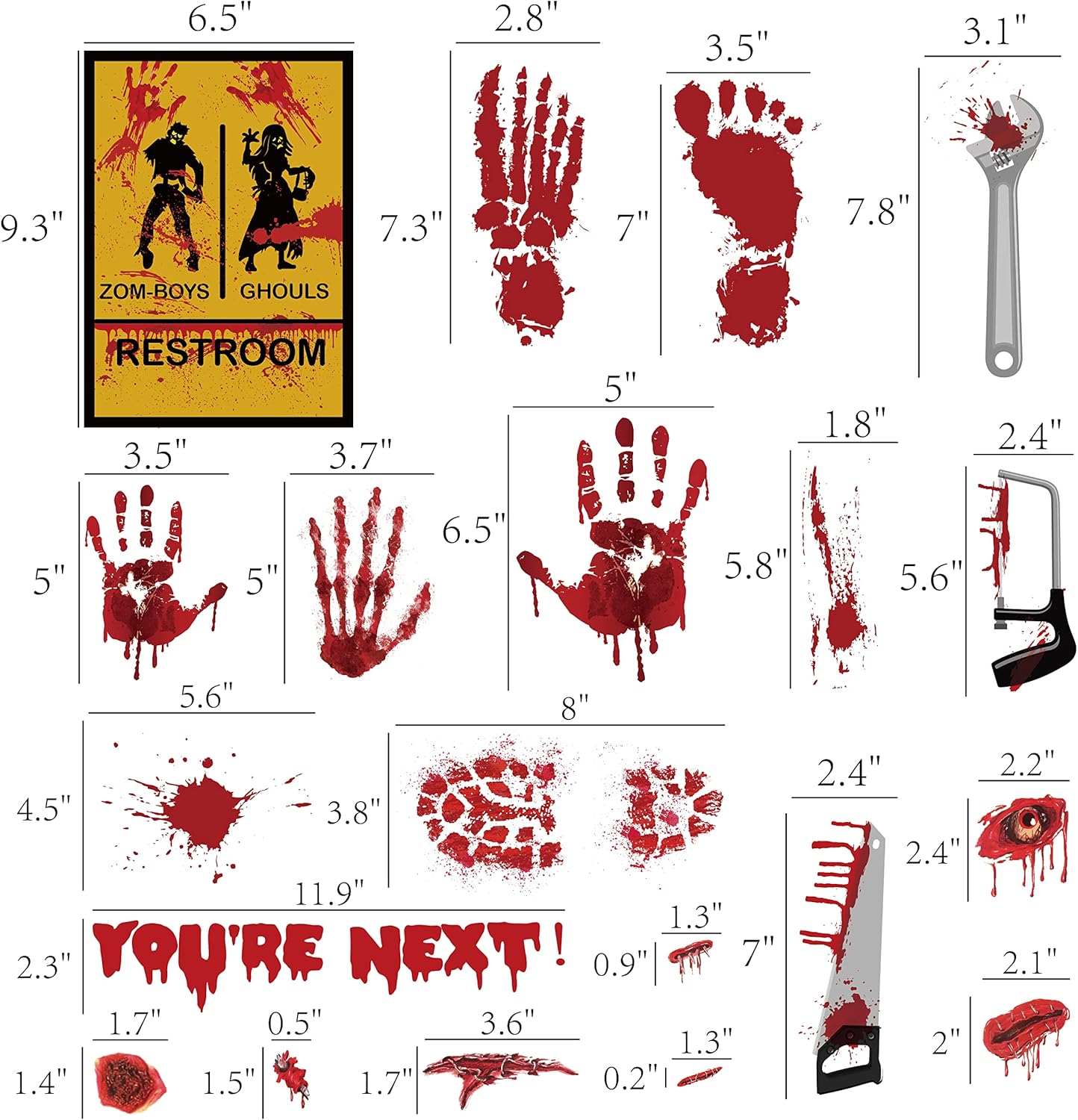 173PCS Halloween Bloody Footprints Floor Clings Plus Tattoos - Hallowmas Handprint Zombie Restroom Sign Decals Party Decorations