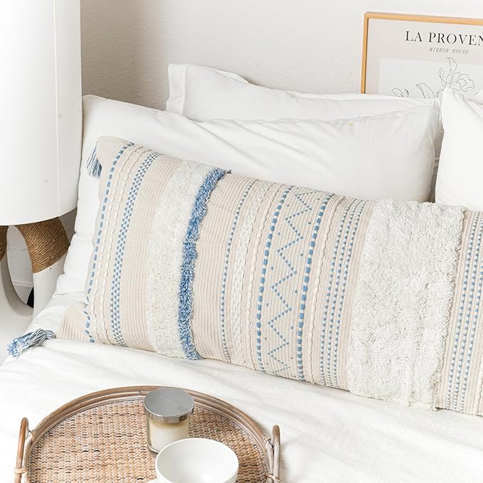 BlissBlush 20X54 Oversized Large Lumbar Pillow Cover for Bed, Rectangular Long Decorative Throw Pillowcase, Cotton Boho Accent Cushion with Blue Tufted Pattern and Tassels, Cream Neutral (Cover Only)
