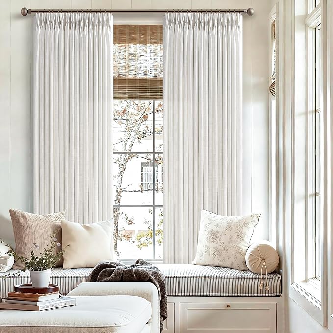 Ivory Linen Curtains 72 Inches Long 2 Panels Set for Living Room Bedroom Pinch Pleated Back Tab Drapes Neutral Modern Farmhouse Semi Sheer 72 Inch Curtains for Dining Room Window Cabin Beige White