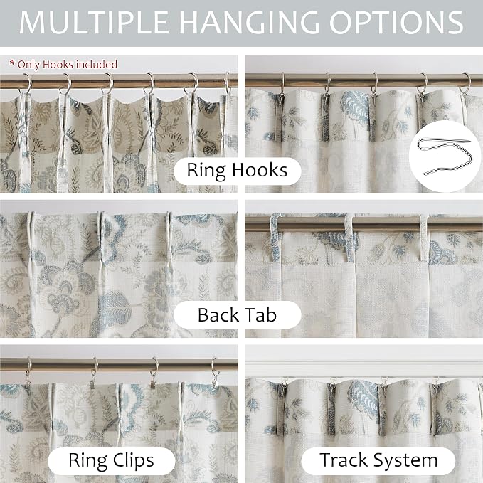 Kayne Studio Floral Leaf Print Light Filtering Curtains Blue Grey Botanical Leaf Flower Farmhouse Drapes Semi Sheer Window Treatment Set for Living Room Bedroom Pinch Pleated BackTab,40"x90",2 Panels