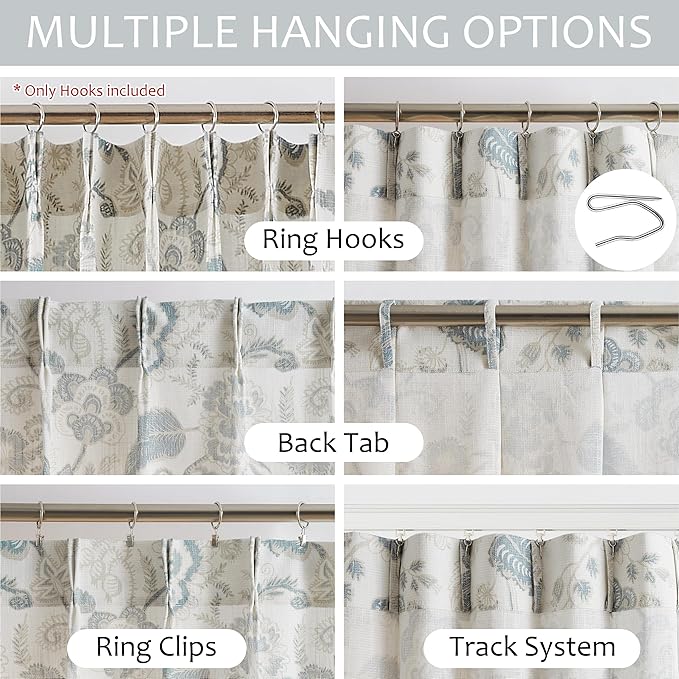 Kayne Studio Pinch Pleated Jacobean Floral Light Filtering Window Curtains Boho Botanical Leaf Printed Vintage Farmhouse Blue Grey Back Tab Window Treatment Set Living Room Bedroom,40"x84",2 Panels