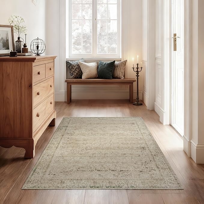 BILEEHOME Boho Kitchen Rug Washable,2x3 Non Slip Farmhouse Neutral Small Area Rug for Bathroom Bedroom Indoor Entrway Ultra Thin Fit Under Door,Tan Brown and Cream Beige