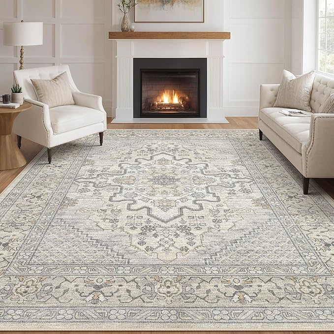 Tortania Area Rug Living Room Rugs - 10x12 Washable Boho Rug Vintage Oriental Distressed Farmhouse Large Thin Indoor Carpet for Living Room Bedroom Under Dining Table Home Office - Beige Linen