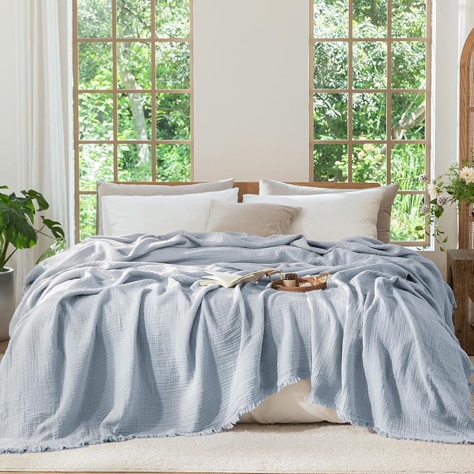 MooMee Muslin Blanket - 100% Cotton 4-Layer Gauze Throw Blanket with All-Around Fringe, Soft Breathable Lightweight Cooling Summer Blankets for Bed Couch(Dusty Blue,Super King 108" x 98")
