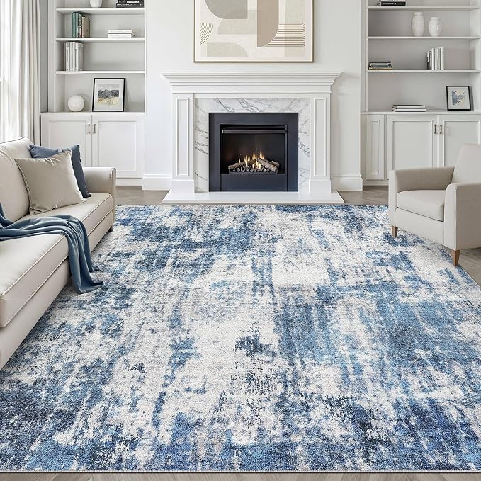 7x9 Area Rug Living Room: Washable Large Neutral Rug Abstract Soft Modern Stain Resistant Indoor Floor Non-Slip Carpet for Bedroom Nursery Kids Office Playroom Dining Room Under Table- Navy Gray