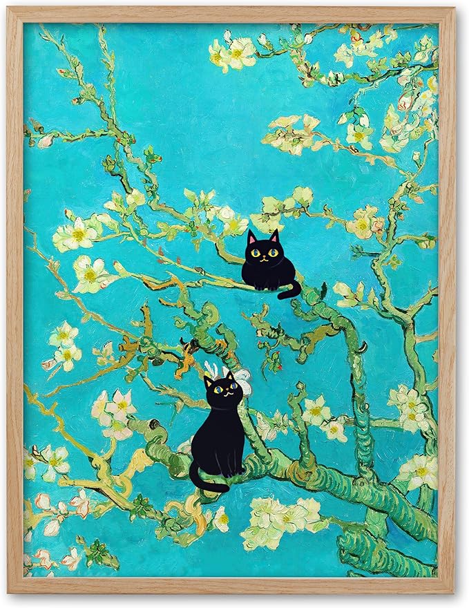 UPWOIGH Van Gogh Inspired Almond Blossom Wall Art with Black Cats, Blue Floral Canvas Print, Beige Oak Wood Framed 12x16 Inch Deco