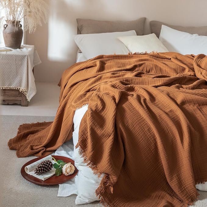 Muslin Fringe Blankets for Adults: 100% Cotton Cloud Soft | 4-Layer Gauze Breathable Lightweight All Season Throw Blanket for Bed Couch Sofa Office