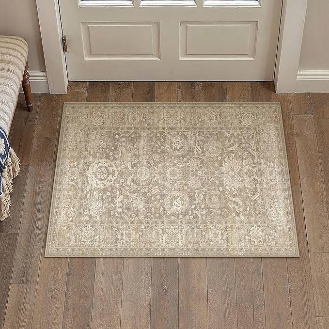 HUGEAR Entryway Rugs 2x3 Beige Washable Rug Door Mat Neutral Vintage Rug Carpet Distressed Soft Durable Non Slip No Shedding for Indoor Bedroom Kitchen Dining Nursery Laundry