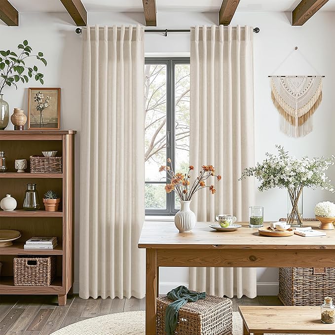 Boho Linen Curtains for Living Room 98 Inches Long Light Filtering Semi Sheer Curtain Back Tab Boho Eclectic Home Decor Elegant Luxury Farmhouse Drapes for Bedroom Dinner Room 52x98, 2 Panels