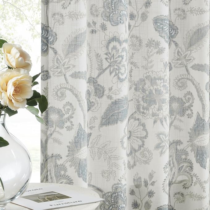 Kayne Studio Pinch Pleated Jacobean Floral Light Filtering Window Curtains Boho Botanical Leaf Printed Vintage Farmhouse Blue Grey Back Tab Window Treatment Set Living Room Bedroom,40"x95",2 Panels