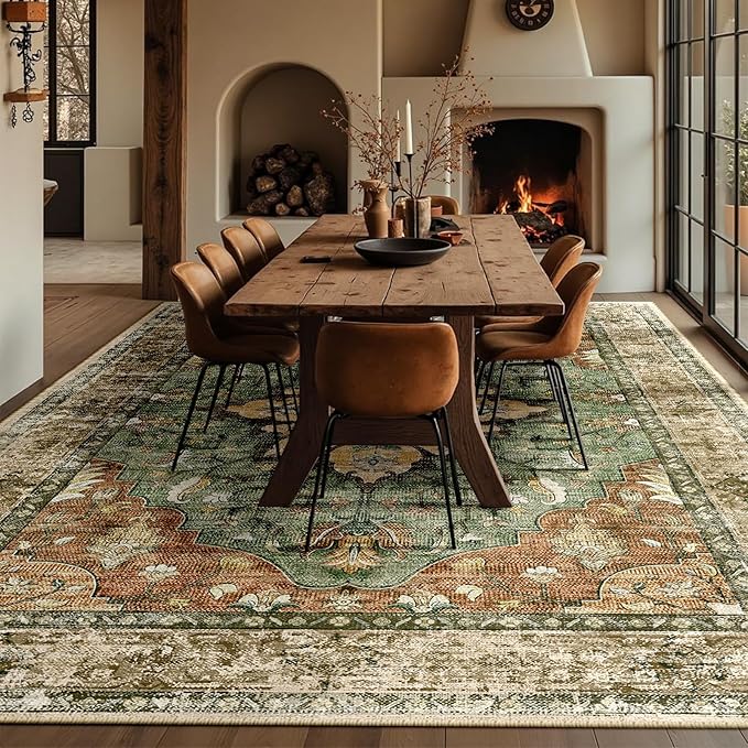 RELEANY Area Rugs 10'x12' Washable Non-Slip, Floral Vintage Distress Print Pattern Medallion Carpet for Living Room Bedroom Dining Room, Brick Red Rust Neutral Brown Burnt Orange Green