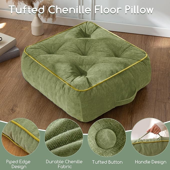 HIGOGOGO 8" Extra Thick Floor Pillow Cushion for Adults, Meditation Cushion Pillow with Handle, Lustrous Chenille Tufted, Square Floor Sitting for Tatami Living Room or Yoga, 22x22 Inch, Green