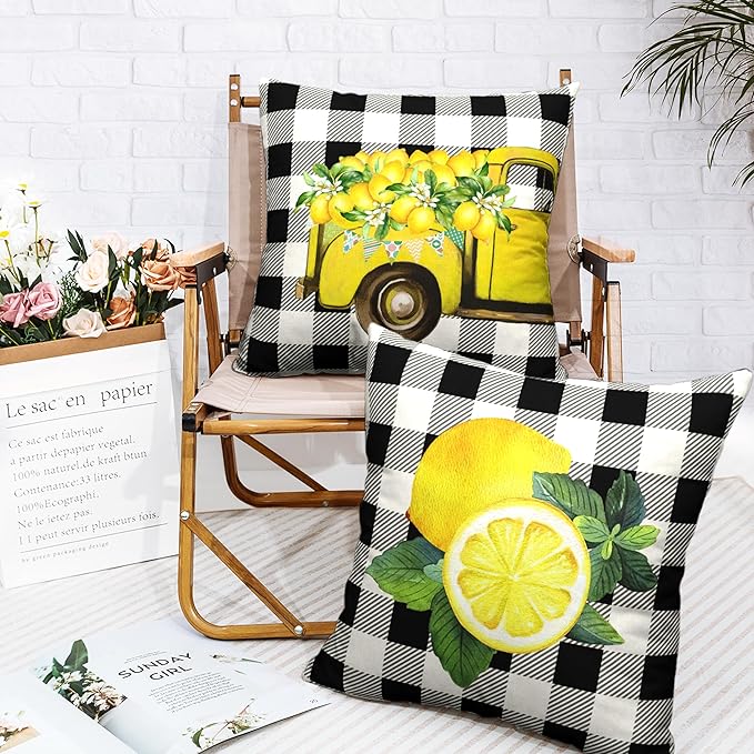 Lemon Pillow Covers Yellow Truck with Lemon Blossom Throw Pillow Covers Black Buffalo Plaid Cushion Case 16x16 Set of 2 for Living Room Farmhouse Patio Car