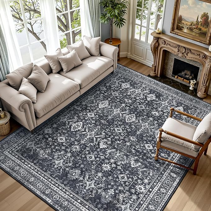 Lofus 5x7 Area Rug for Living Room,Black Washable Area Rugs with Non-Slip Backing,Soft Boho Carpets for Bedroom Dining Room Home Office Indoor Nursery