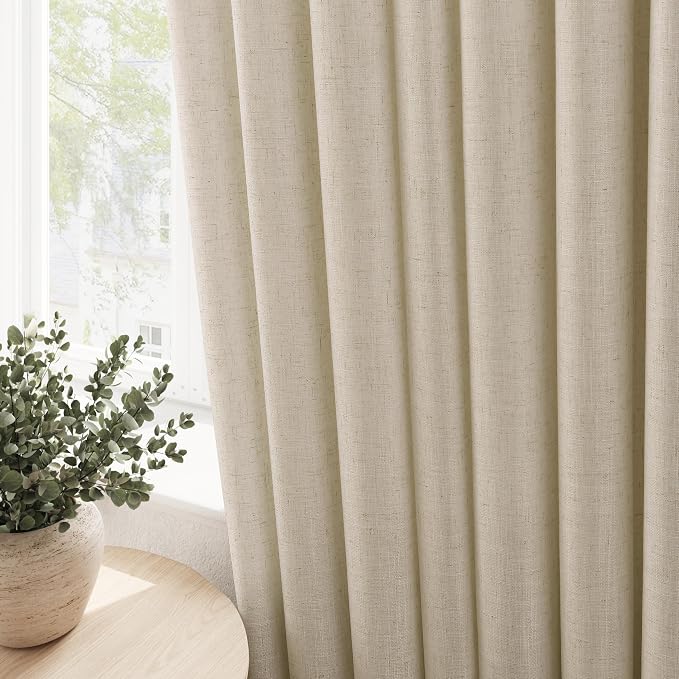 Eggshell Beige Linen Curtains 90 Inches Long for Living Room Light Filtering Semi Sheer Grommet Top Curtain Luxury Neutral Modern Farmhouse Sheer Privacy Drapes for Bedroom Dinner Room 52x90, 2 Panel