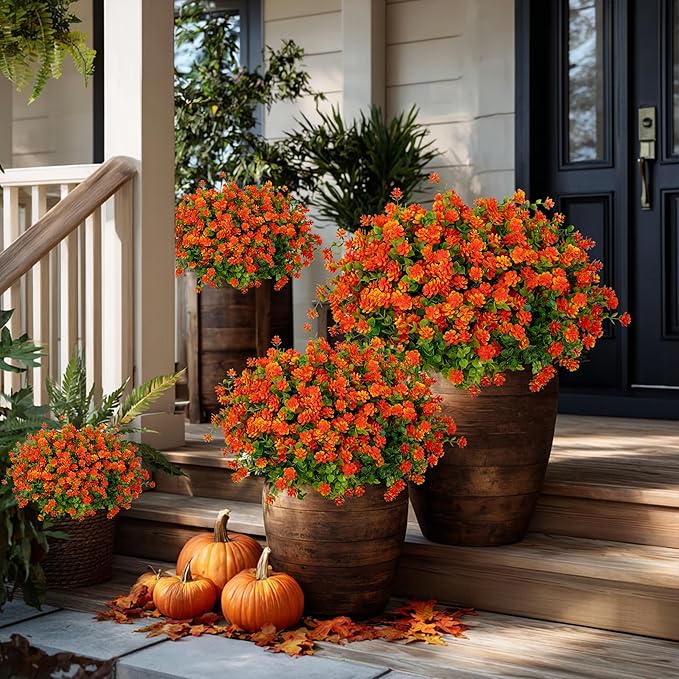 AXYLEX Artificial Fall Flowers Outdoor Fake Mums - 12 Bundles Fake Plants UV Resistant No Fade Faux Plastic Greenery Garden Porch Patio Fall Home Decor (Red Orange)