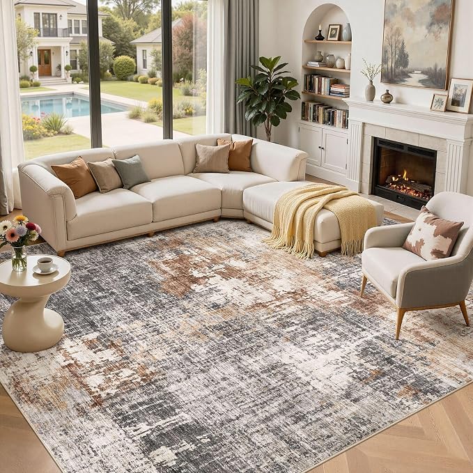 DMOYEST Area Rug Living Room Rugs - 12x14 Extra Large Soft Indoor Neutral Modern Abstract Low Pile Washable Rug Carpet for Bedroom Dining Room Farmhouse Home Office - Grey Brown