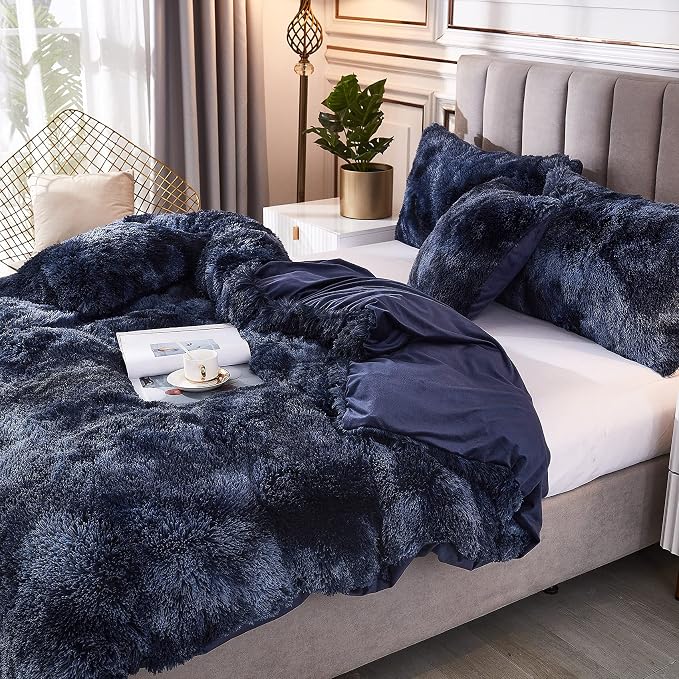 Tie Dye Printed Faux Fur Bedding Set Modern Abstract Shaggy Plush Duvet Cover with Pillow Shams, Ultra Soft Warm (Queen, Tie Dye Navy)