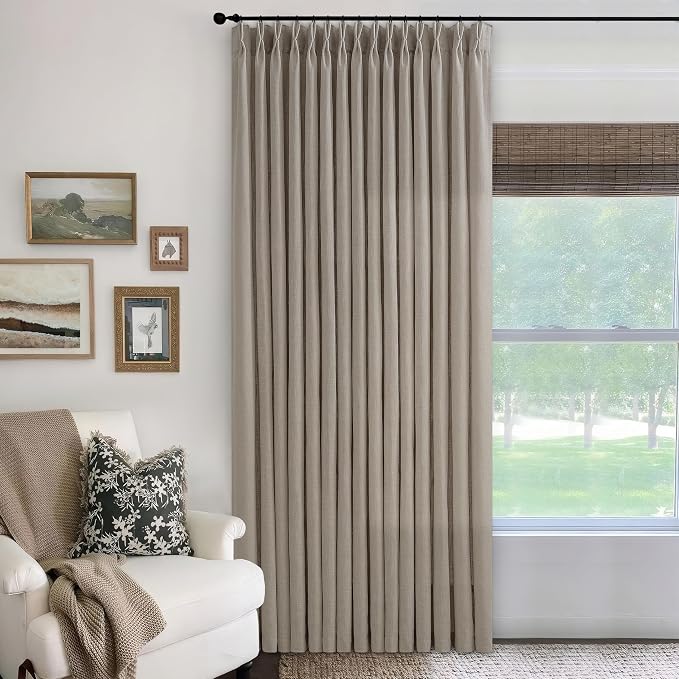 Extra Wide 100 Inch Width Curtains 96 Inches Long Pinch Pleated for Patio Sliding Door Light Filtering Semi Sheer Linen Drapes Back Tab Grey Beige Taupe Extra Wide 100 x 96 Curtain Living Dining Room