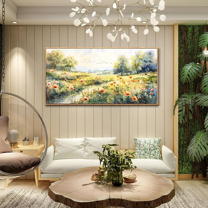 XIGUANGART Large Framed Wall Decor Canvas Wall Art for Living Room Wildflower Pastoral Scenery Paintings Meadow Abstract Pictures Rustic Floral Art Print for Bedroom, Office Modern Artwork Decorations