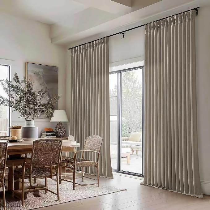 Taupe Pinch Pleat Linen Curtains for Patio Sliding Glass Door 70 Inch Width 84 Inches Long Light Filtering Semi Sheer Custom Cotton Extra Wide 70 x 84 Curtain Panels for Living Dining Room Balcony