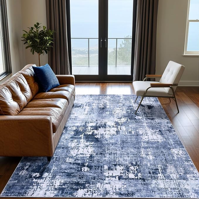 DMOYEST Area Rug Living Room Rugs - 6x9 Washable Large Soft Indoor Neutral Modern Abstract Low Pile Rug Carpet for Bedroom Dining Room Farmhouse Home Office - Navy Blue