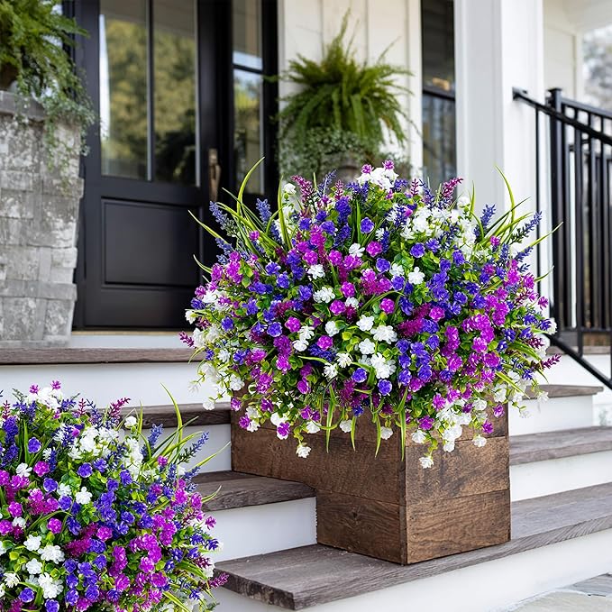 AXYLEX Artificial Flowers for Outdoors Fake Plants - 12 Bundles Faux Outside Greenery Boxwood No Fade Plastic Shrubs Home Decor Farmhouse Garden (Mixed, 3 Colors Magenta Purple White)