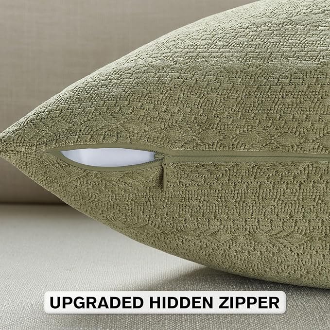 FUTEI Sage Green Chenille Throw Pillow Covers 16x16 Inch Set of 2,Soft Striped & Diamond Textured Cushion Cases,Modern Home Decor for Couch Living Room