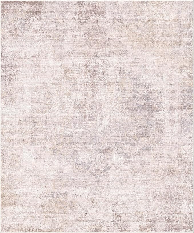 Hazo Haus Modern 10x12 Area Rug for Living Room - Large Bedroom Rug Under Bed, Pink and White Distressed Medallion Pattern, Ultra Soft Washable Non Slip Lightweight Thin Foldable
