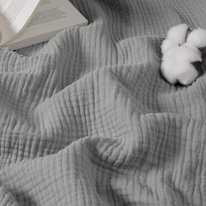 David's Home 100% Natural Cotton Muslin Blanket Queen Size, 4-Layer Soft Breathable Lightweight Cozy Throw Guaze for Hot Sleepers, 3D Bubble Room Decor for Bed Couch, Giftable, Dark Grey, 90"x90"