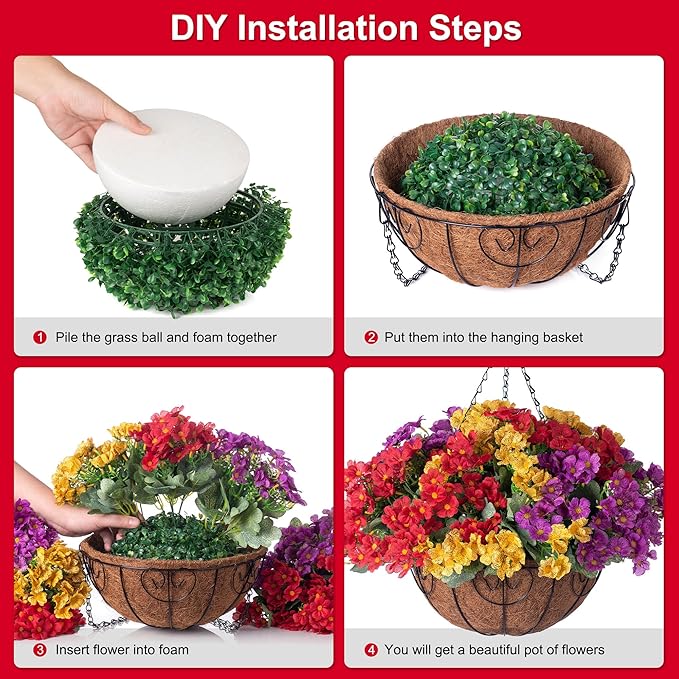 Artificial Fake Hanging Plants Flowers Basket for Spring Outdoor Decoration, Faux Silk Daisy UV Resistant Look Real with Eucalyptus Leaves Summer Decor for Home Patio Garden Outside(Red Purple Yellow)