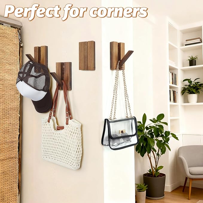 Foldable Wall Hooks 4Pack: Rustic Wooden Coat Hooks Mounted for Heavy Duty Hanging Towels Backpack Bags Hats, Space Saving Minimalist Decorative Hooks for Aesthetic Homeowners