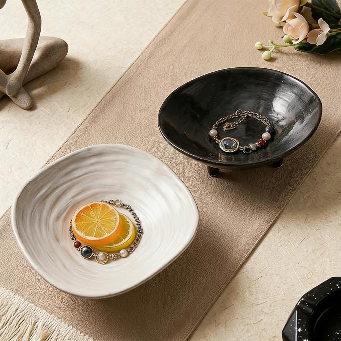 Small Decorative Bowl, 6” Ceramic Key Bowl for Entryway Table, Multi-Purpose Decorative Bowls for Candy, Jewelry and Home Decor（Retro White）