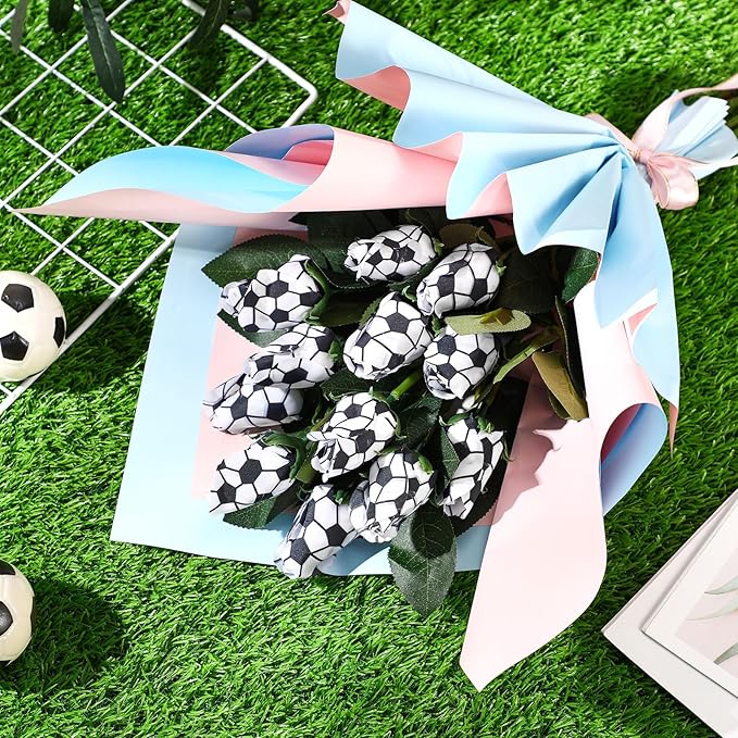 Suhine 12 Pcs Artificial Soccer Rose Flowers Sports Party Favors Bulk for Birthday Graduation Wedding Party Decorations Table Centerpieces Mom Fans Team Coach Senior Night Gift (Soccer Color, Normal)
