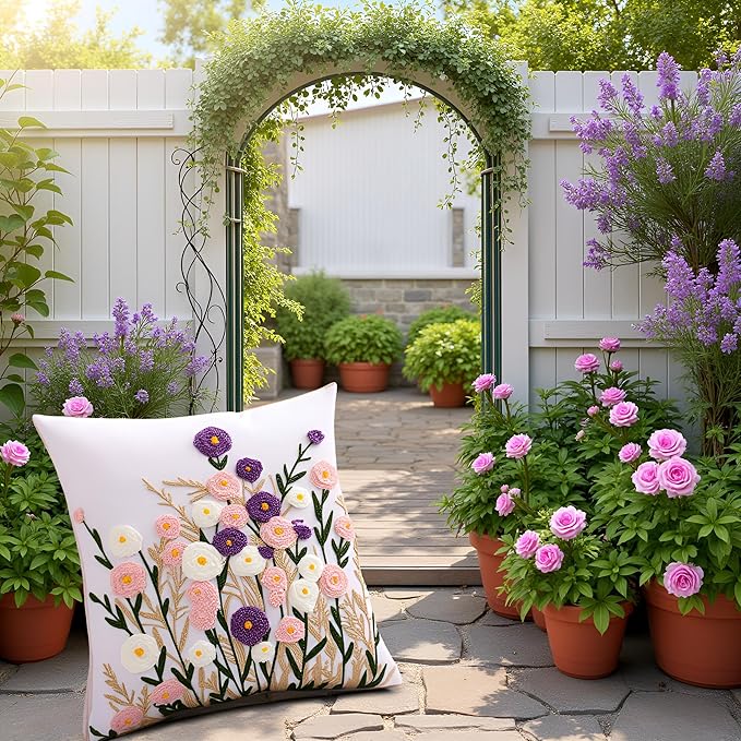 Spring Floral Pillow Covers 18x18 Inch Set of 2 Cotton Embroidery Farmhouse Throw Pillow Cover Outdoor Garden Cushion Case Summer Decorations for Home (Purple and Pink Flower,18"x18")
