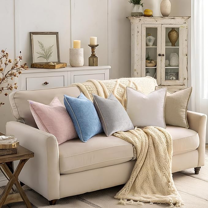decorUhome Summer Chenille Soft Cozy Throw Pillow Covers 18x18 Set of 2, Modern Farmhouse Boho Velvet Decorative Pillow Cases with Stitched Edge for Couch Sofa Bed Home Decor, Beige