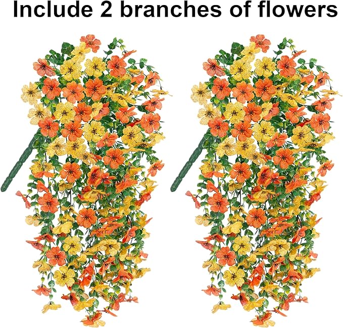 HyeFlora Artificial Flowers for Outdoors Decoration, 2Pcs Fake Hanging Spring Decor, Yellow and Orange Realistic Plants, UV & Fading Resistant Silk Flower for Porch Patio Balcony Planter Yard