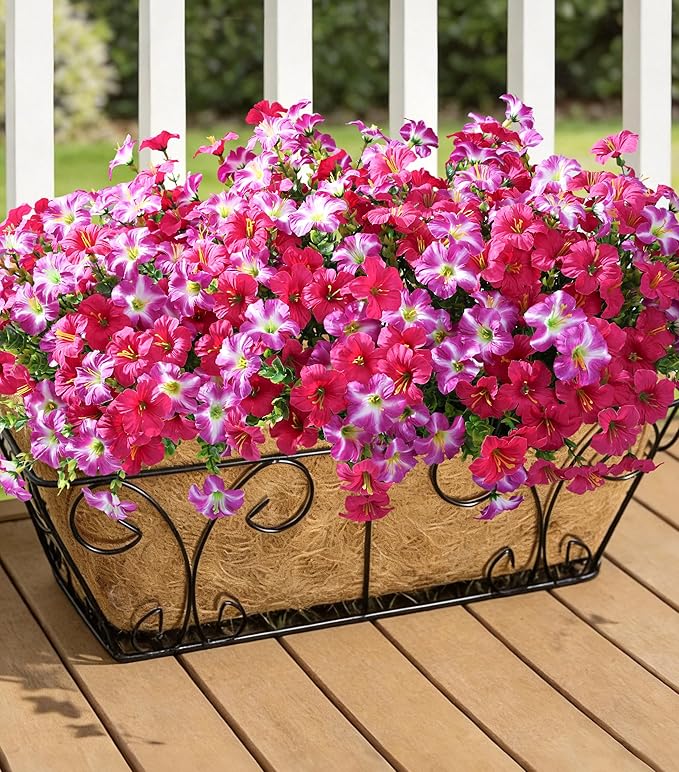Artificial Flowers for Outdoors Fake Plants Outside Decoration, 20 Bundles Silk Petunia with Eucalyptus UV Resistant Realistic Faux Flowers for Outdoor Planters Garden Balcony Yard Porch Patio, Mix