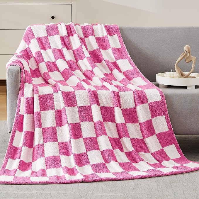 WRENSONGE Soft Checkered Throw Blanket for Couch-Cozy Warm Knitted Blankets | Lightweight Warm Fluffy Decor for Women, Mom, Her & Girls, Sofa, Chair, Bed, 50x70in, Hot Pink