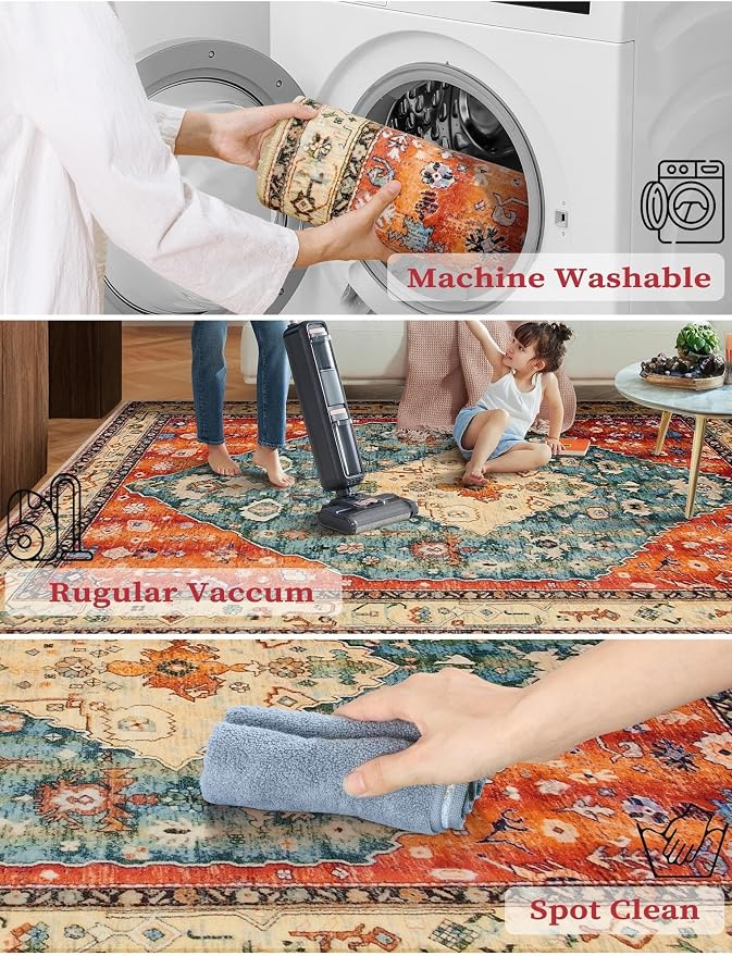 SERISSA Runner Rug for Hallways, 3x14 Washable Non Slip Kitchen Runner Rug, Extra Long Boho Rug Ultra Soft Vintage Tribal Print Floor Carpet for Bedroom Hallway Entryway Bathroom Laundry Room