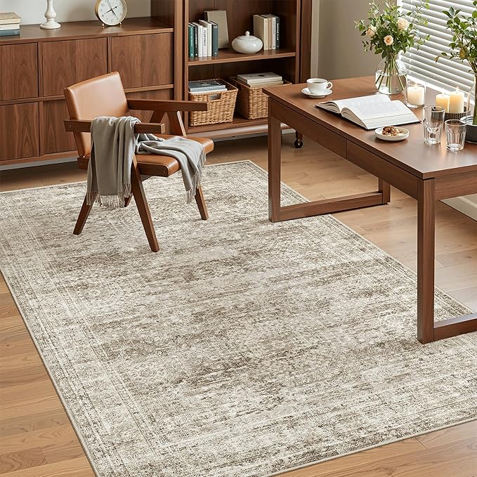 Soalmost 3x5 Rug, Small Area for Kitchen, Entryway, Machine Washable Non-Slip Throw Rug, Vintage Carpet for Nursery Coffee Table Brown
