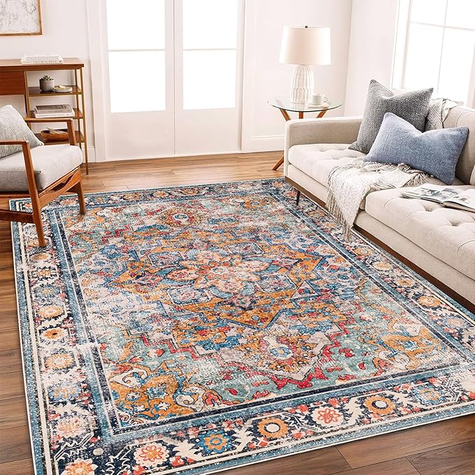 CHAMPLANT Washable Area Rug 9'x12' Boho Chic Medallion Distressed Design Non-Shedding Easy Care Ideal for High Traffic Areas in Living Room Bedroom Office Coffee Table Large Carpet