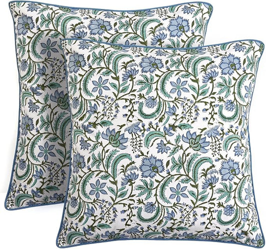 Ridhi Block Print Columbia Blue Pillow Cover 18" x 18" (Pack of 2) Decorative Couch Pillows for Living Room, Chic Boho Cute Outdoor Pillows Covers Gifts for Spring, Easter and Valentine