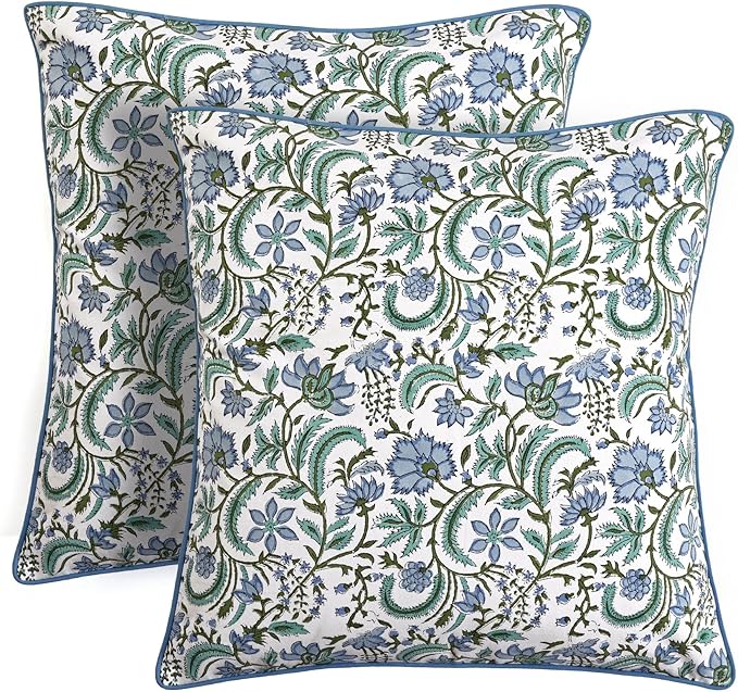 Ridhi Block Print Columbia Blue Pillow Cover 20" x 20" (Pack of 2) Decorative Couch Pillows for Living Room, Chic Boho Cute Outdoor Pillows Covers Gifts for Spring, Easter and Valentine