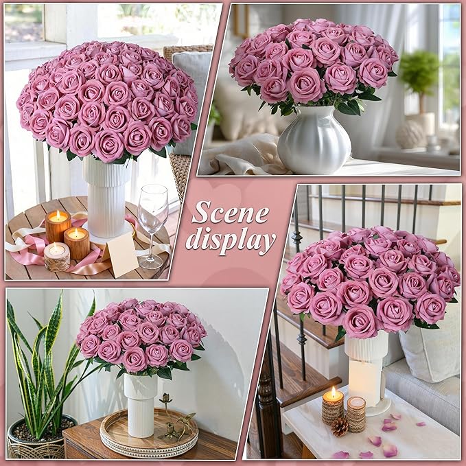50 PCS Dusty Roses Artificial Flowers, Fake Roses with Stem Realistic Silk Roses for DIY Wedding Bouquets Tables Centerpieces Arrangements Baby Shower Birthday Home Decor Valentine's Day Gift for Her