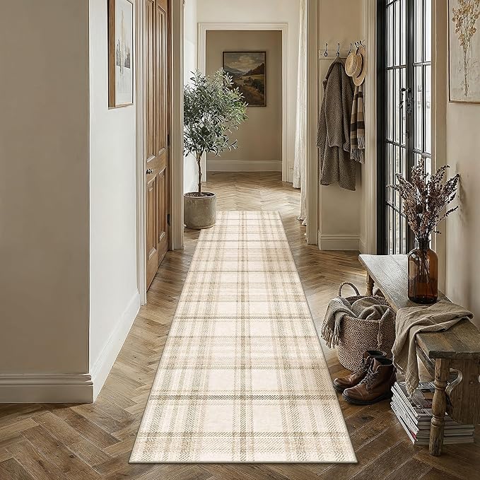 2x12 Beige Runner Rug for Kitchen Machine Washable Low Pile Checkered Carpet Modern Accent Soft Non Slip Long Rug for Bathroom Bedroom Nursery Indoor