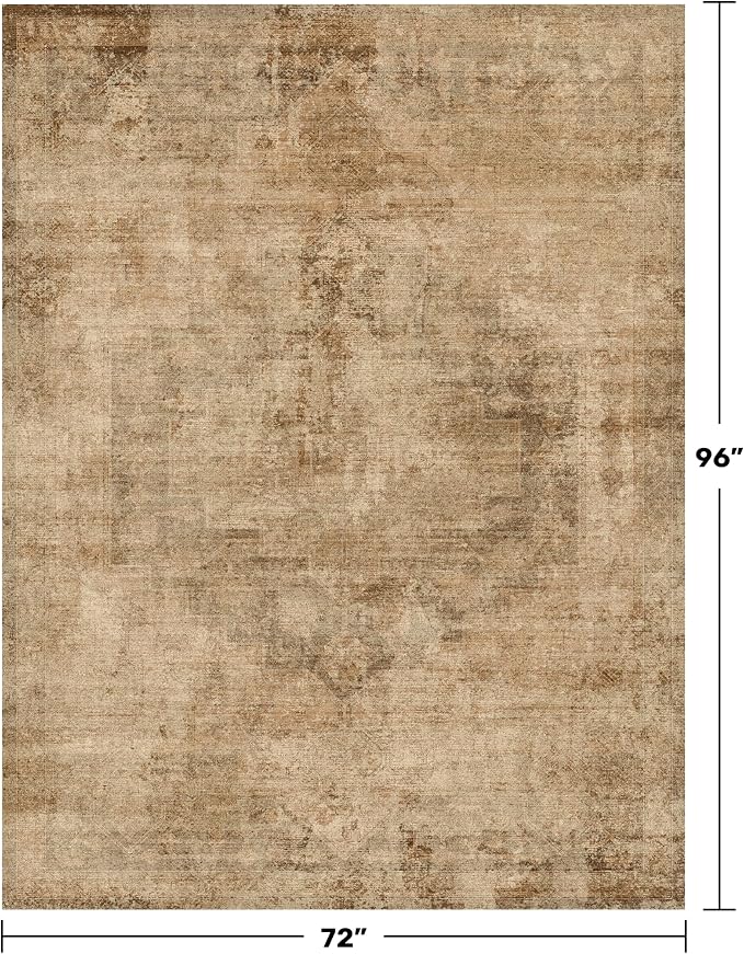 Hazo Haus Vintage Gold 6x8 Rugs for Living Room - Distressed Print Pattern Large Area Rug for Bedroom, Washable Soft Dining Room Under Table, Thin & Non Slip Rubber Backing Brown and Yellow
