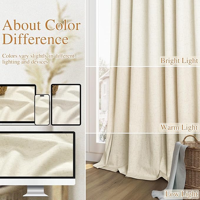 Guken 100% Blackout Curtains 108 Inch Length 2 Panels Set for Living Room Bedroom Back Tab Thermal Insulated Black Out Linen Drapes Room Darkening Window Curtains Warm Beige 52x108