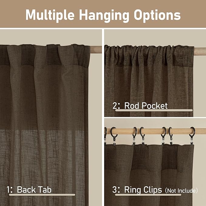 LAMIT Sheer Linen Curtains 63 Inch for Bedroom, Light Filtering Neutral Semi Sheer Farmhouse Boho Curtains Back Tab and Rod Pocket Living Room Panels, Dark Brown, 2 Panels, 52 x 63 Inch