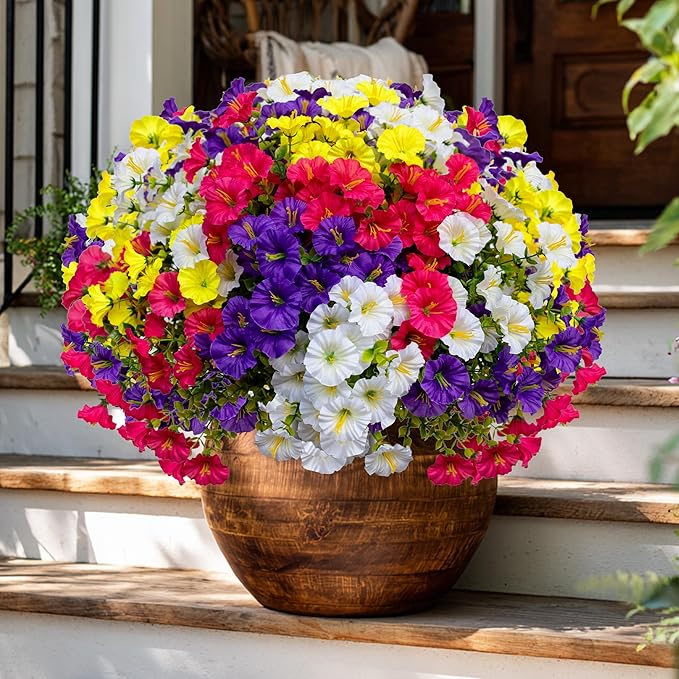 AXYLEX Artificial Flowers Outdoor Shrubs - 16 Bundles Fake Plants UV Resistant No Fade Faux Plastic Greenery Home Garden Porch Patio Decoration (1, Multi16-2)